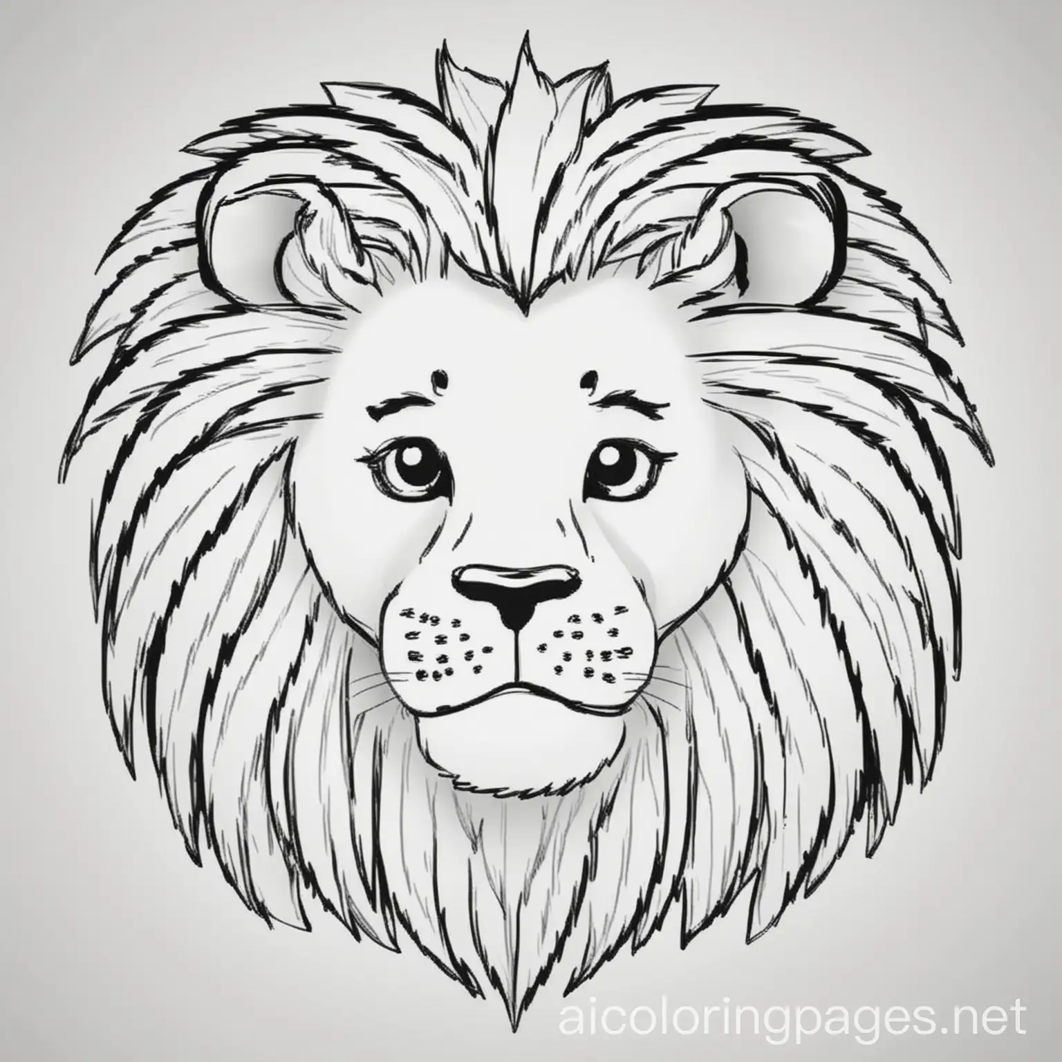 Lion, Coloring Page, black and white, line art, white background, Simplicity, Ample White Space. The background of the coloring page is plain white to make it easy for young children to color within the lines. The outlines of all the subjects are easy to distinguish, making it simple for kids to color without too much difficulty
