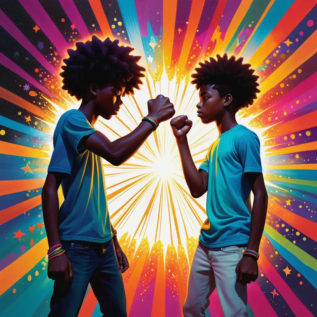 Two Black Teens Bump Fists Sparking Colorful Kaleidoscope Burst