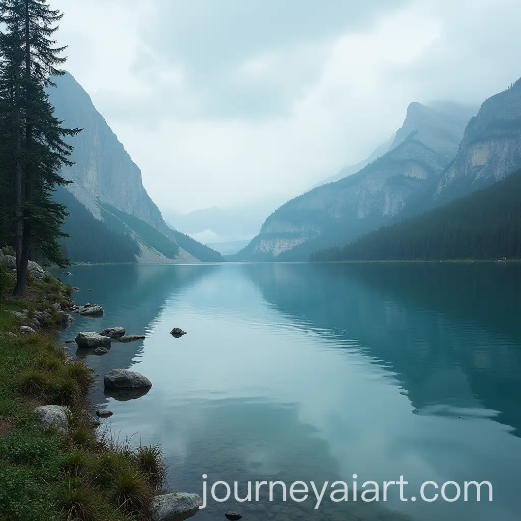Serene-Lake-Reflection-with-Misty-Mountains-in-Morning-Light