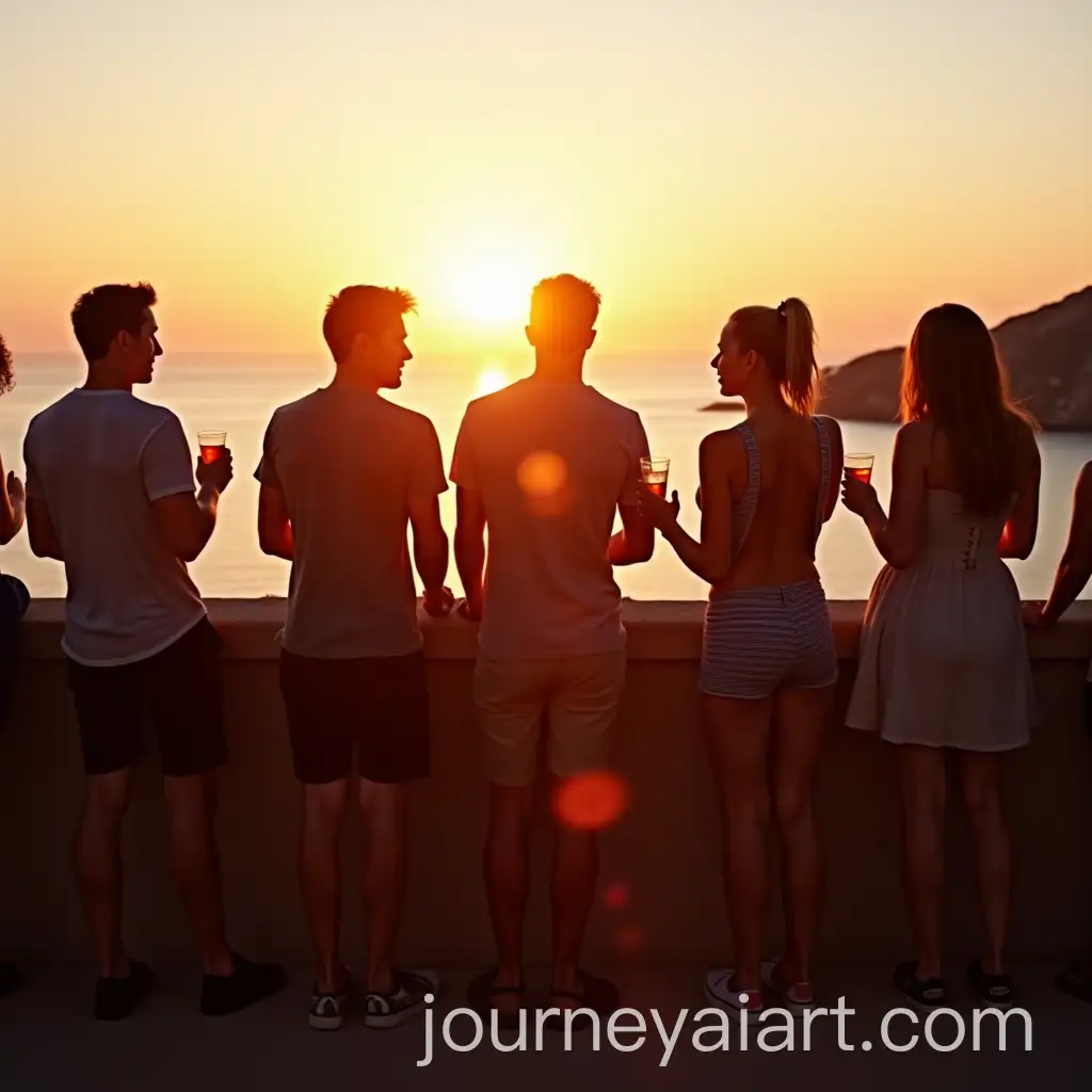 Group-of-Students-Enjoying-Sunset-in-Ibiza-with-Mountain-View-and-Drinks