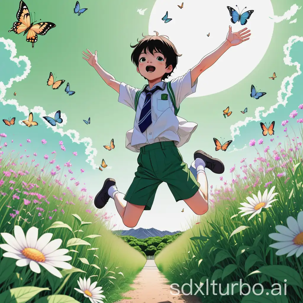 A Japanese manga-style drawing of a boy wearing a school uniform and green shorts. He is jumping with his palms open in a field surrounded by flowers and butterflies