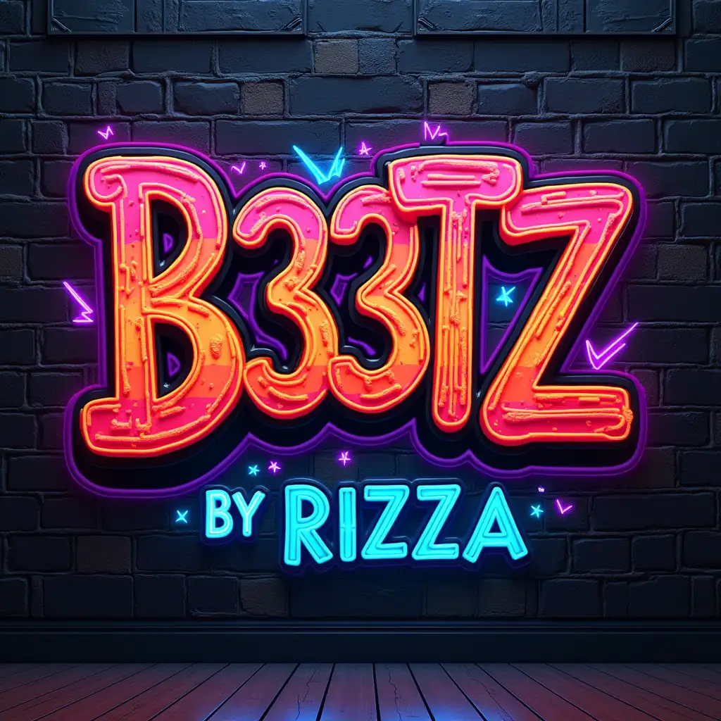 Ultra HD quality 3D realistic Fluro graffiti wall art saying B33TZ BY RIZZA like a record label