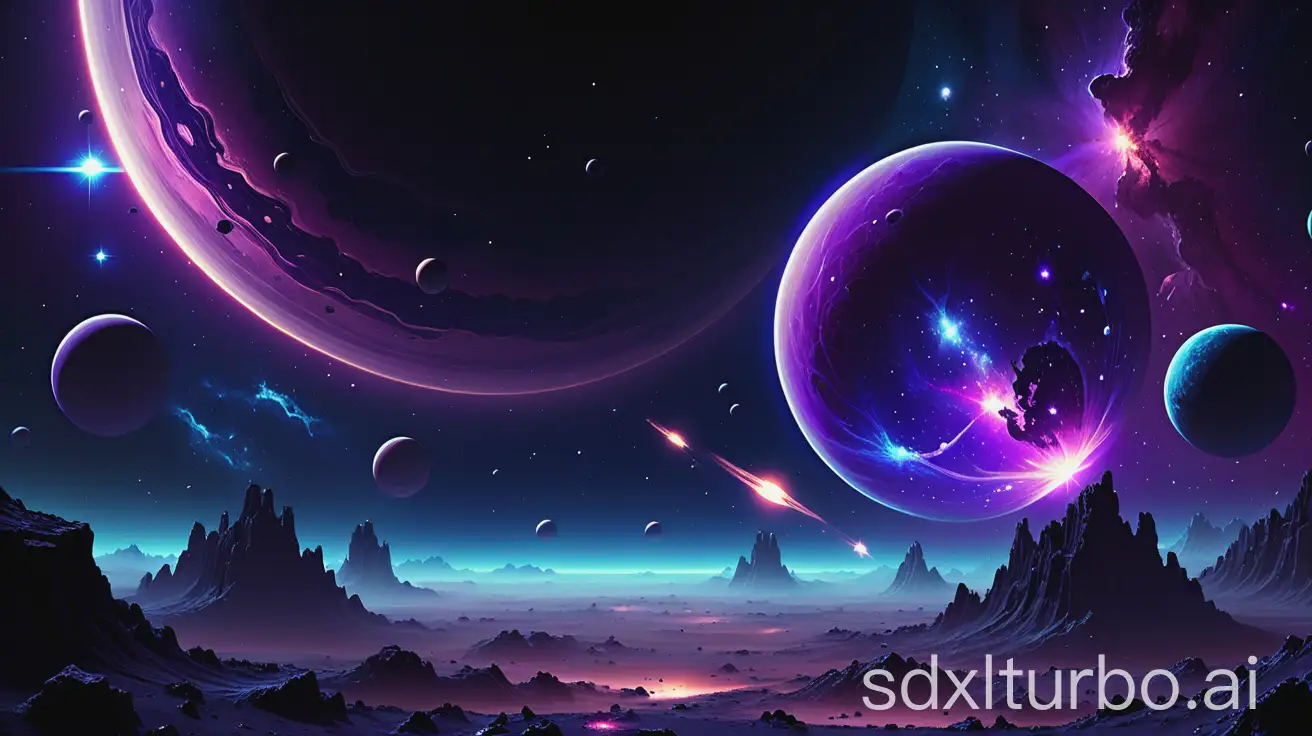 A high-resolution 2D sci-fi game background of deep outer space. The scene features a vast cosmic expanse with stars and nebulae in shades of deep blue and purple. A single large, glowing planet or star is positioned in one corner of the image, casting soft light across the space. The atmosphere feels vast and immersive, optimized for a space shooter or exploration game. The design is clean, with no foreground objects, allowing seamless integration as a game background. Transparent background.