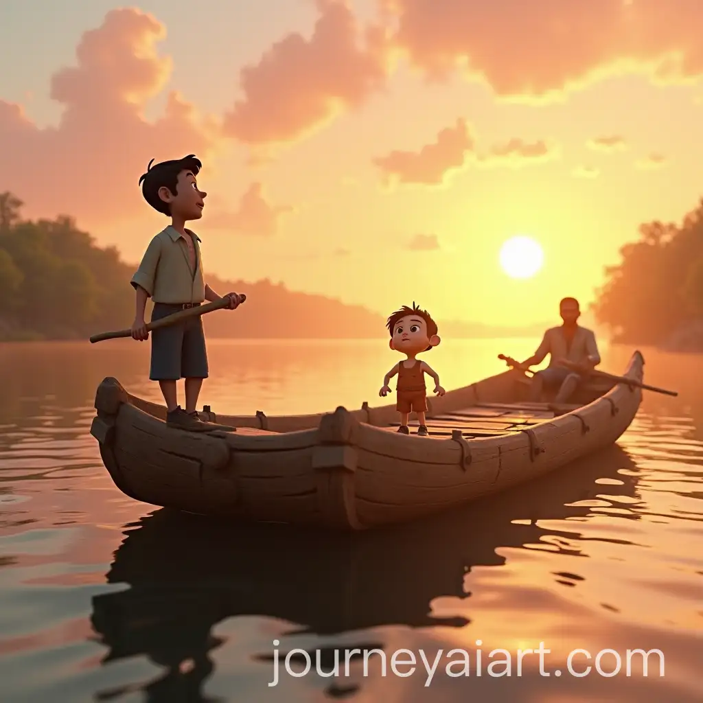 3D-PixarStyle-Animation-of-a-Raft-on-a-Tranquil-River-at-Sunrise