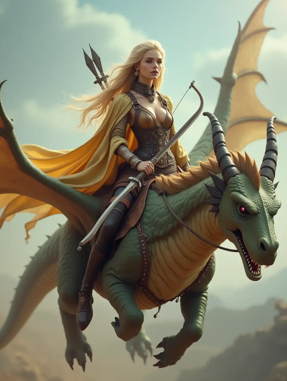 Blonde-Beauty-Riding-a-Flying-Dragon-in-Steampunk-Outfit-with-Sword-and-Bow