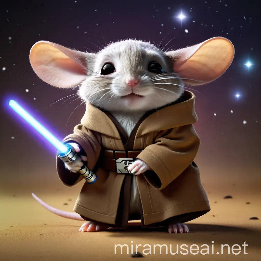 Cute Personified Mouse as a Jedi with a Bright Laser Sword