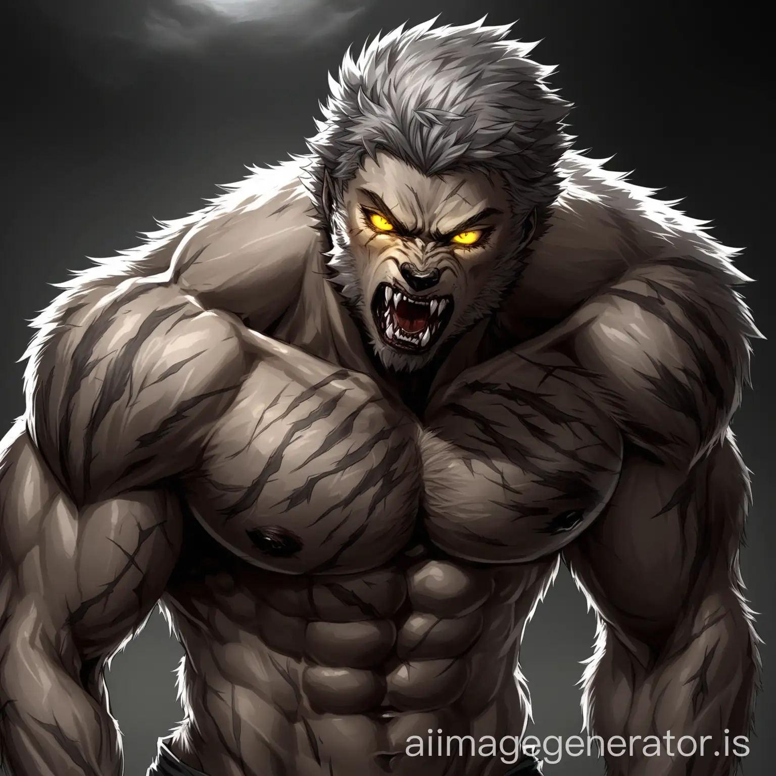 muscular man, scars, yellow eyes, short gray hair, werewolf