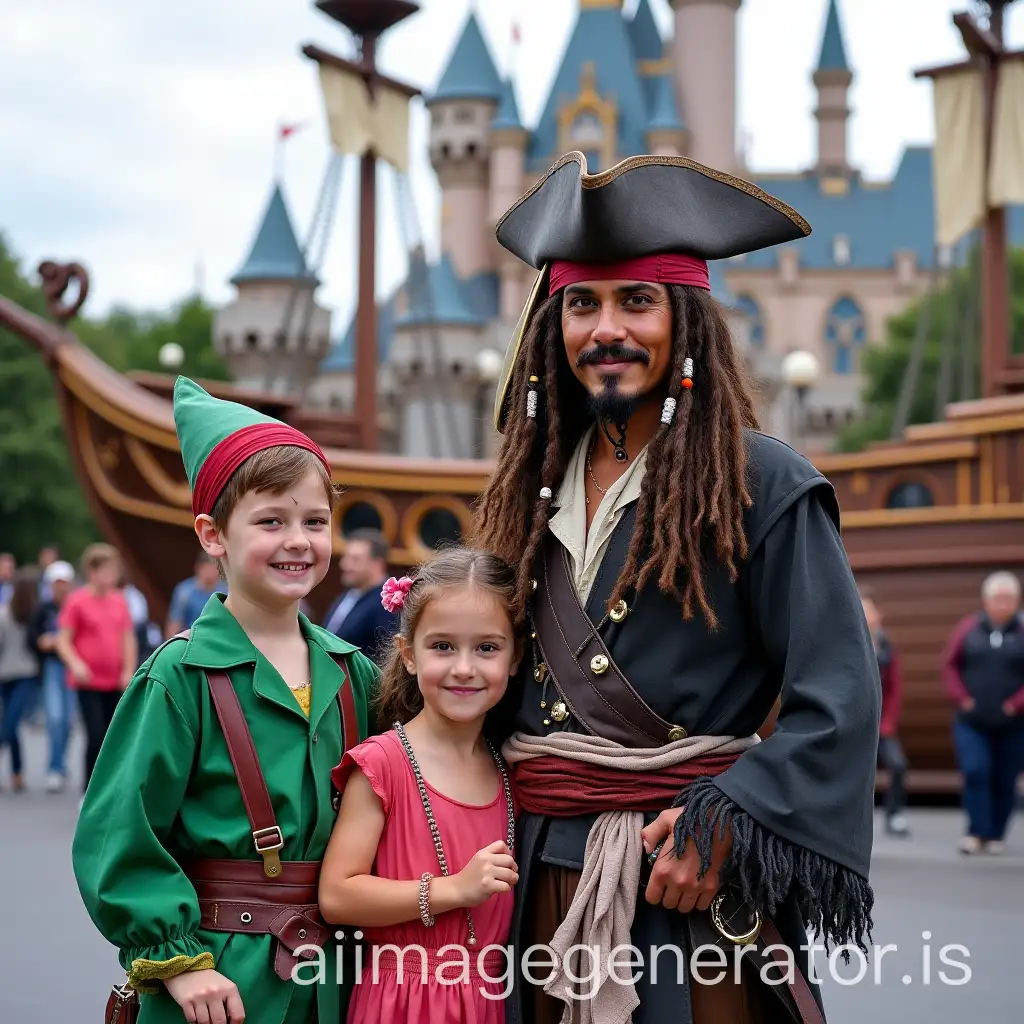 11YearOld-Child-with-Jack-Sparrow-and-Peter-Pan-in-Front-of-Pirates-of-the-Caribbean-Boat-at-Disneyland