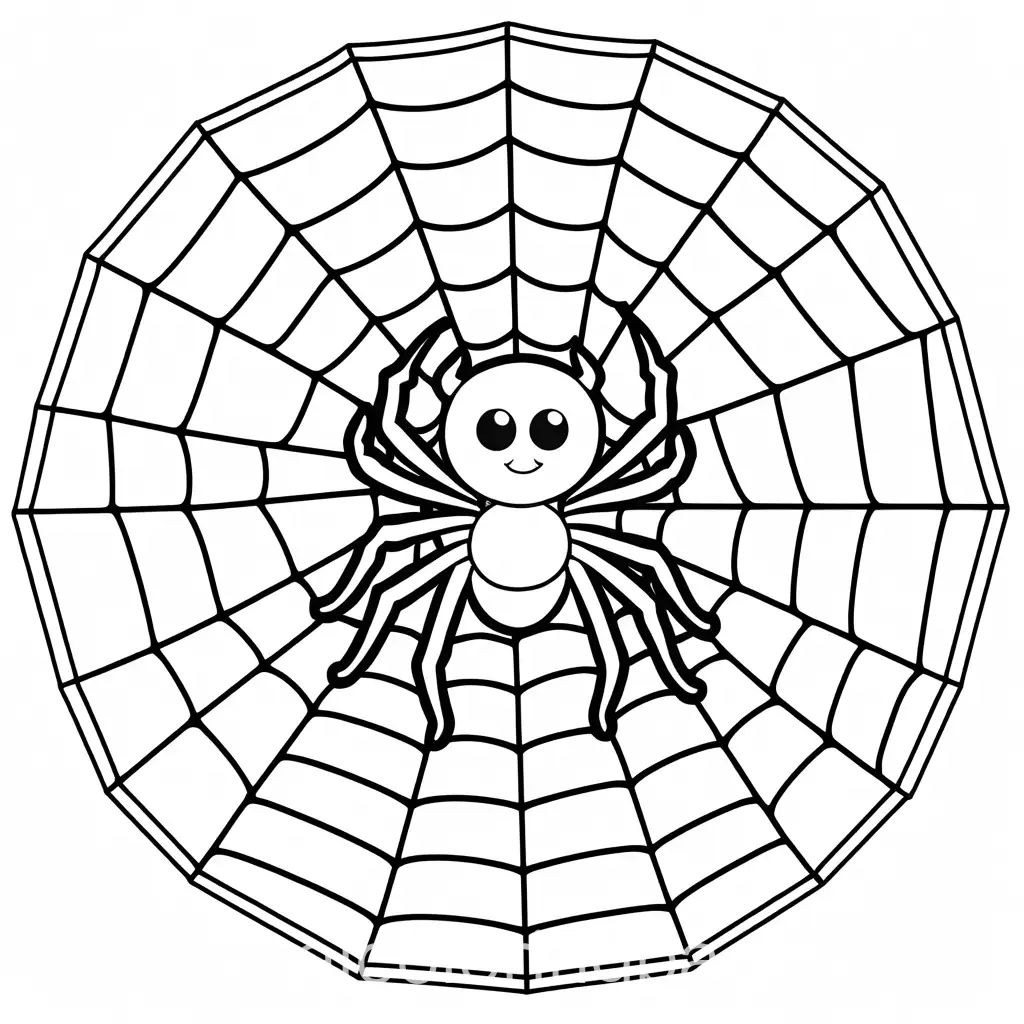 Cute spider with web Halloween adorable , Coloring Page, black and white, line art, white background, Simplicity, Ample White Space. The background of the coloring page is plain white to make it easy for young children to color within the lines. The outlines of all the subjects are easy to distinguish, making it simple for kids to color without too much difficulty