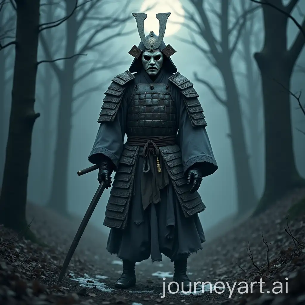 Ghostly-Samurai-in-a-Misty-Forest-with-Tengu-Mask-and-Broken-Armor