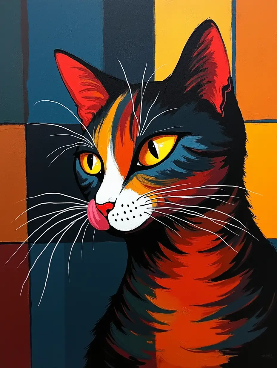 user_prompt: Picture in a grid of a striped cat licking in the style of Kandinsky, Malevich, minimalism, simplify for a beginner artist with acrylics many colors, constructivism abstractionism, darkly