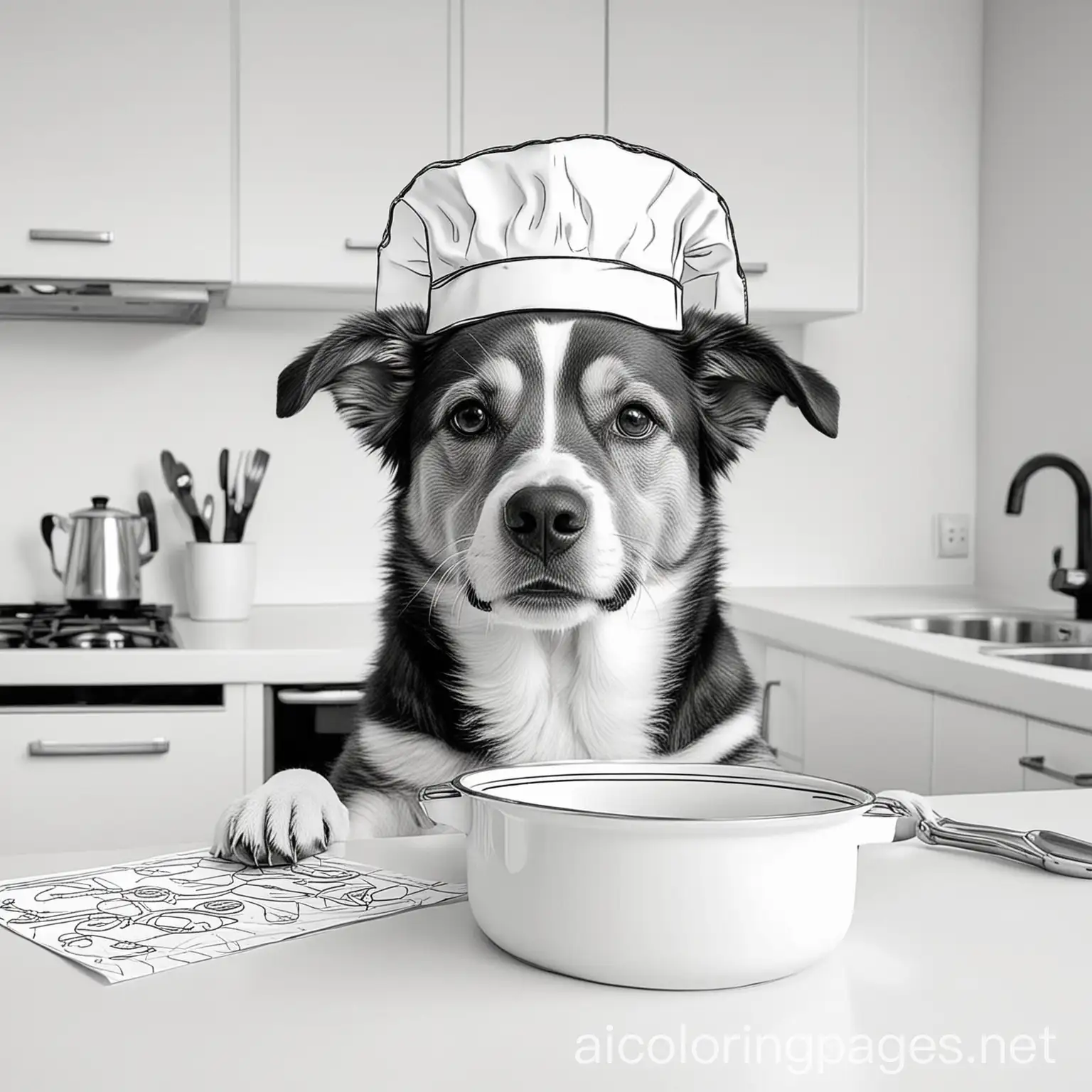 Joyful-Dog-in-Kitchen-Coloring-Page-with-Ample-White-Space