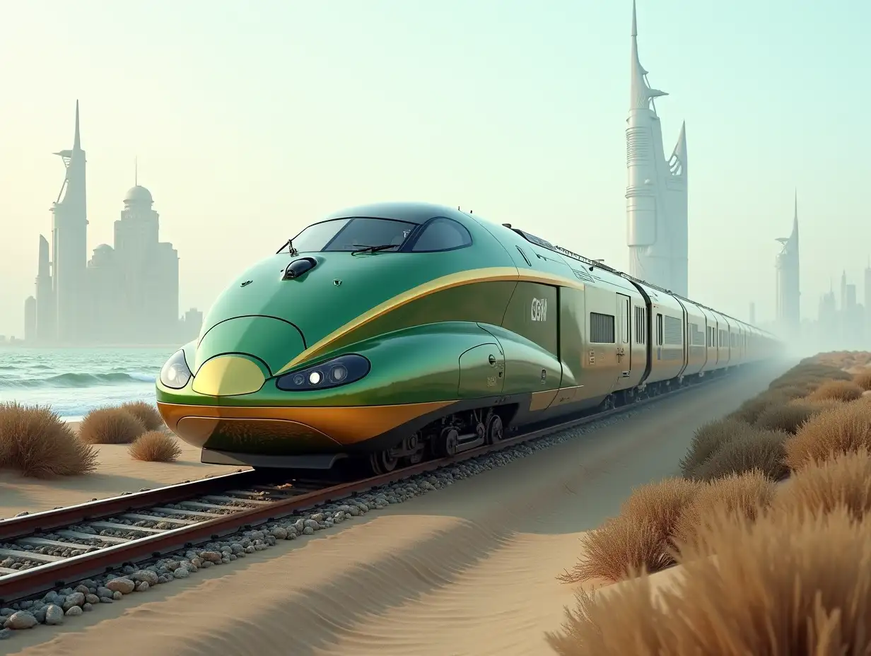 Create a high-resolution realistic image in 4k resolution: a futuristic Meyer locomotive design, green and gold with silver on tracks, in the desert with bushes on both sides, a sea with futuristic tall buildings and a cloudy sky