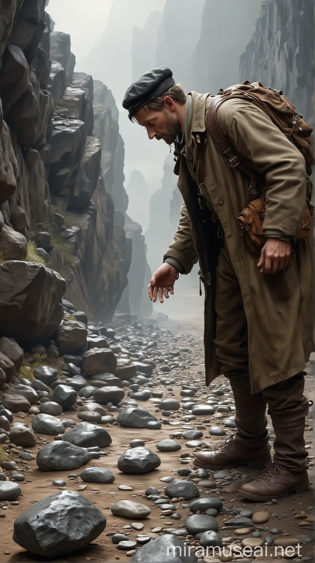 Early 20thCentury Explorer Encountering Moving Stones in HyperRealistic Setting