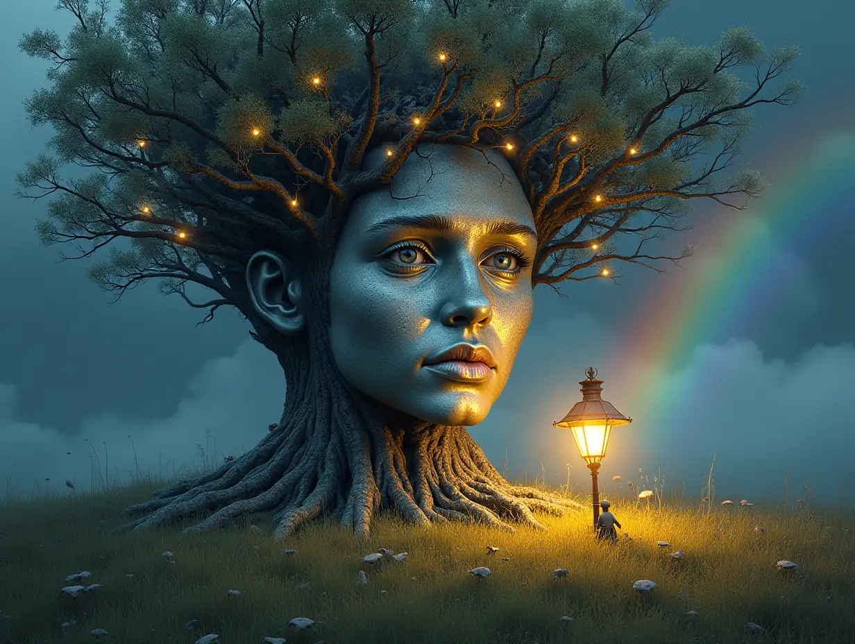 Creating a digital painting face with hair transformed into building with silver stone and Illuminated trees with roots and lamp and strange creatures-alien on a meadow rainbow