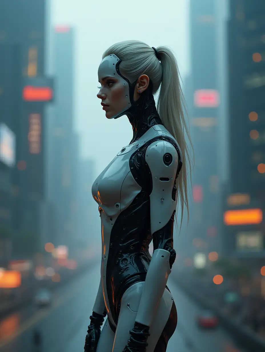 beautiful female cyborg, upright pose, cinematographic, futuristic city background