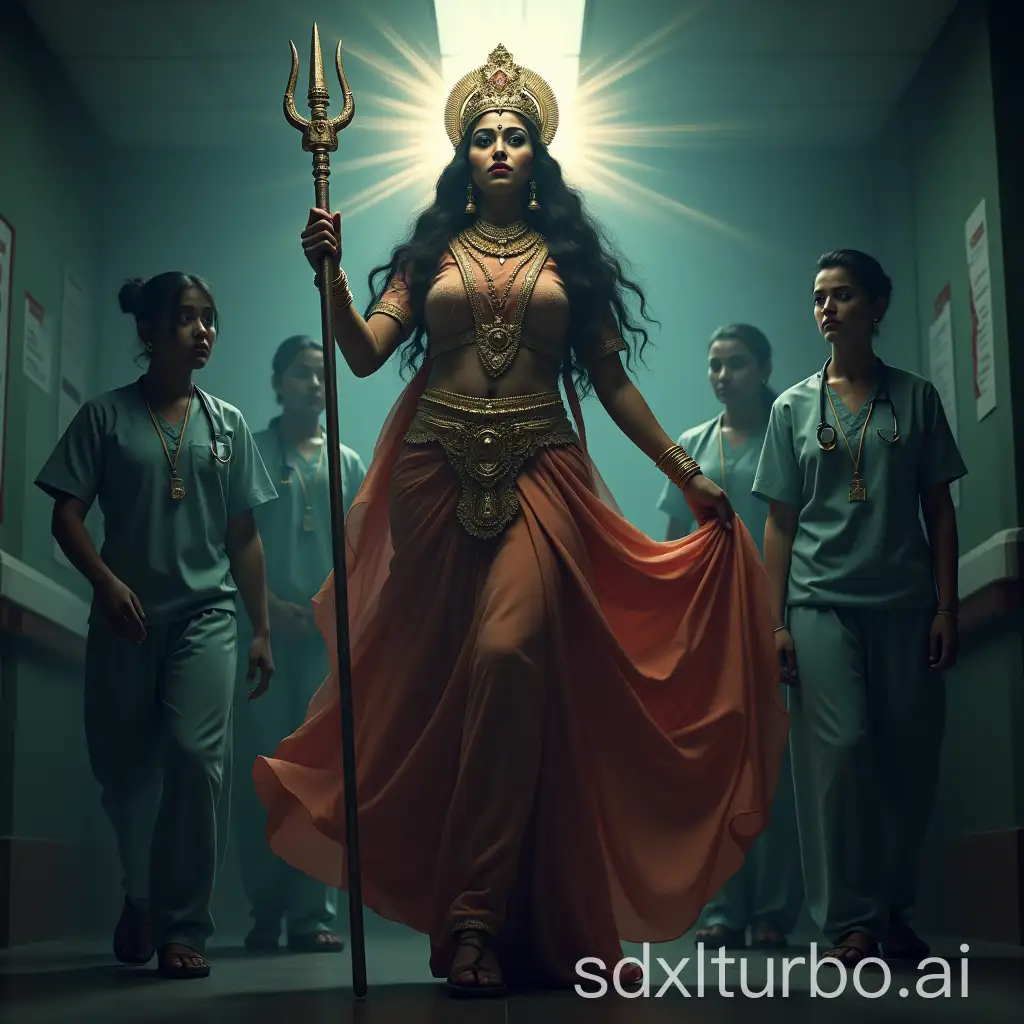 A cinematic, photo-realistic scene of Maa Durga standing tall in her divine warrior form, protecting Indian female nurses. Her eyes are large, glowing with intensity and wisdom, filled with fierce protection. She is adorned in traditional divine attire, holding her weapons like a trident and sword, with a radiant aura around her. The nurses, in modern scrubs and traditional uniforms, stand behind her, visibly relieved and grateful. The setting is a dimly lit hospital, with soft, dramatic lighting casting deep shadows. The scene is dynamic, with Maa Durga's flowing garments and weapons, highlighting her protective, divine energy. The atmosphere blends realism and divine power, creating an epic, powerful moment