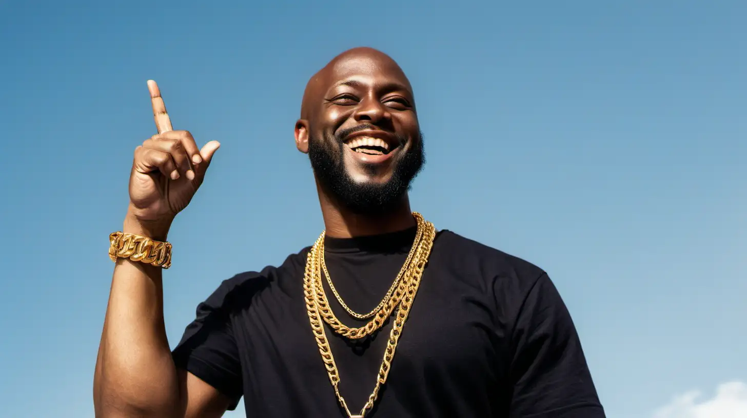 portrait of a black man with a beard and a bald head dressed casually with a gold chain around his neck, smiling as he is pointing up with his hand to the sky