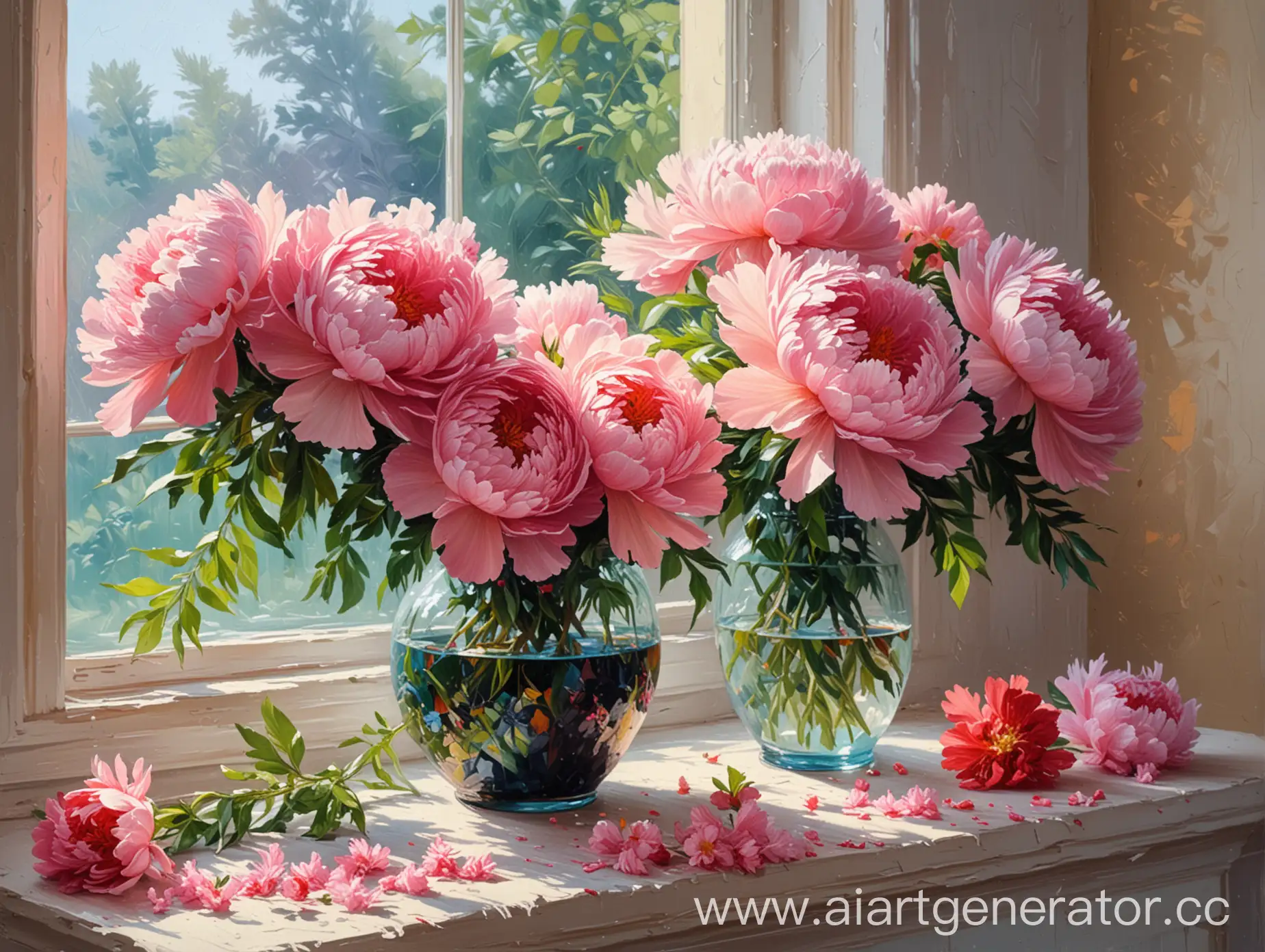 Vibrant-Impressionist-Still-Life-Peonies-and-Carnations-in-a-Sunlit-Window