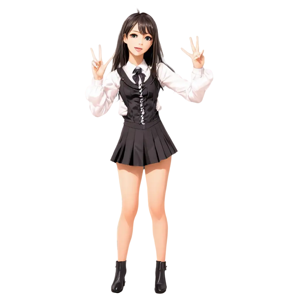 a cute anime girl in a fun pose such as holding a playful expression or making a peace sign, in a good outfit.