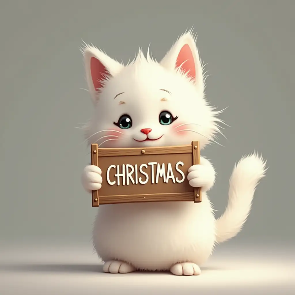 a cute white cat holding a sign that says CHRISTMAS