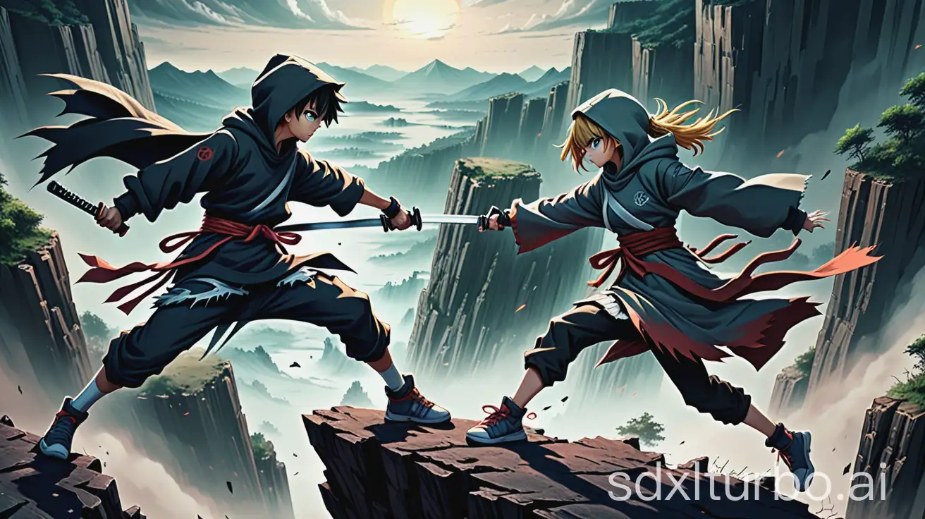 Epic anime battle scene, wide landscape view—two warriors (boy and girl) leap from opposing cliffs mid-air, katanas poised to clash. ... Details: frayed hoodies, wind-tossed fabric, jagged terrain. Mood: gritty resolve vs. wild defiance, charged with supernatural energy.   *(Focus: Stylish, hoodie-clad fighters in a high-stakes anime clash.)*