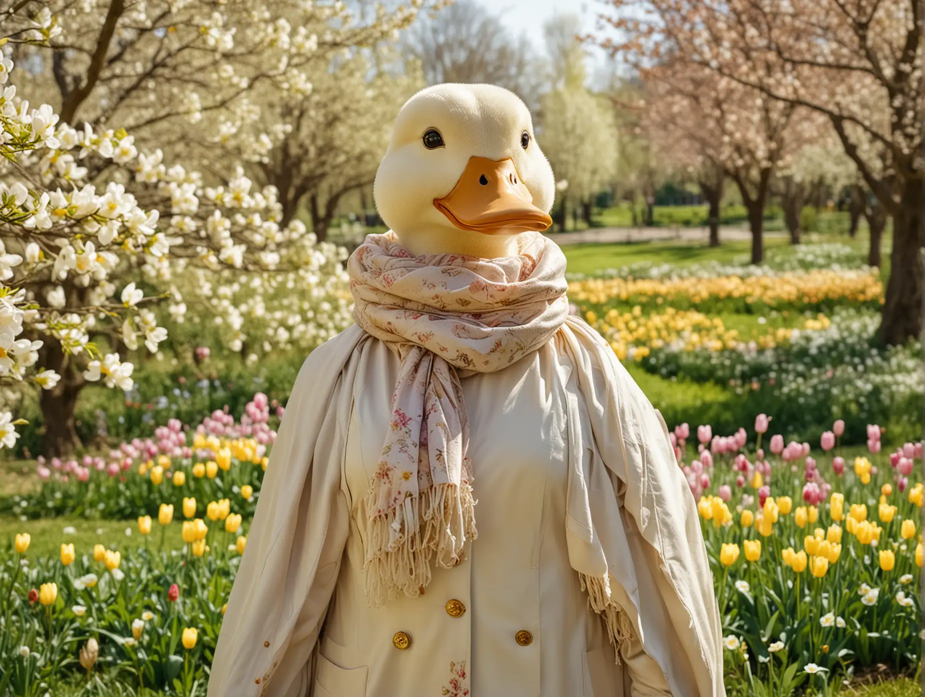 anthropomorphic duck with human body and duck head, portrait in full turn to the waist, on a blooming spring glade in the park, April, apple trees, crocuses and tulips are blooming, bright day sun, duck in beige coat and in silky semi-transparent white scarf