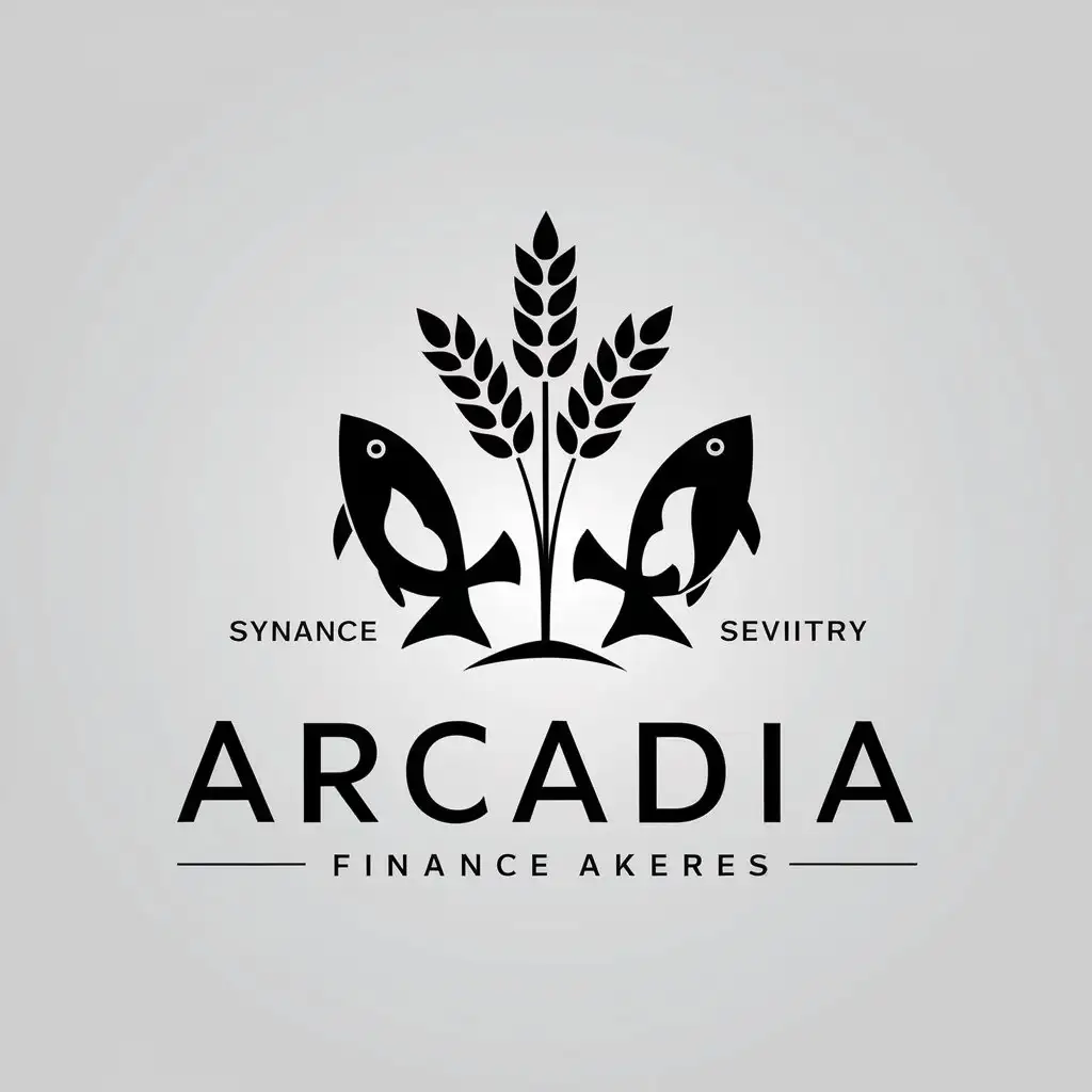 a vector logo design,with the text "Arcadia", main symbol:Stalks of grain, two fish,complex,be used in Finance industry,clear background