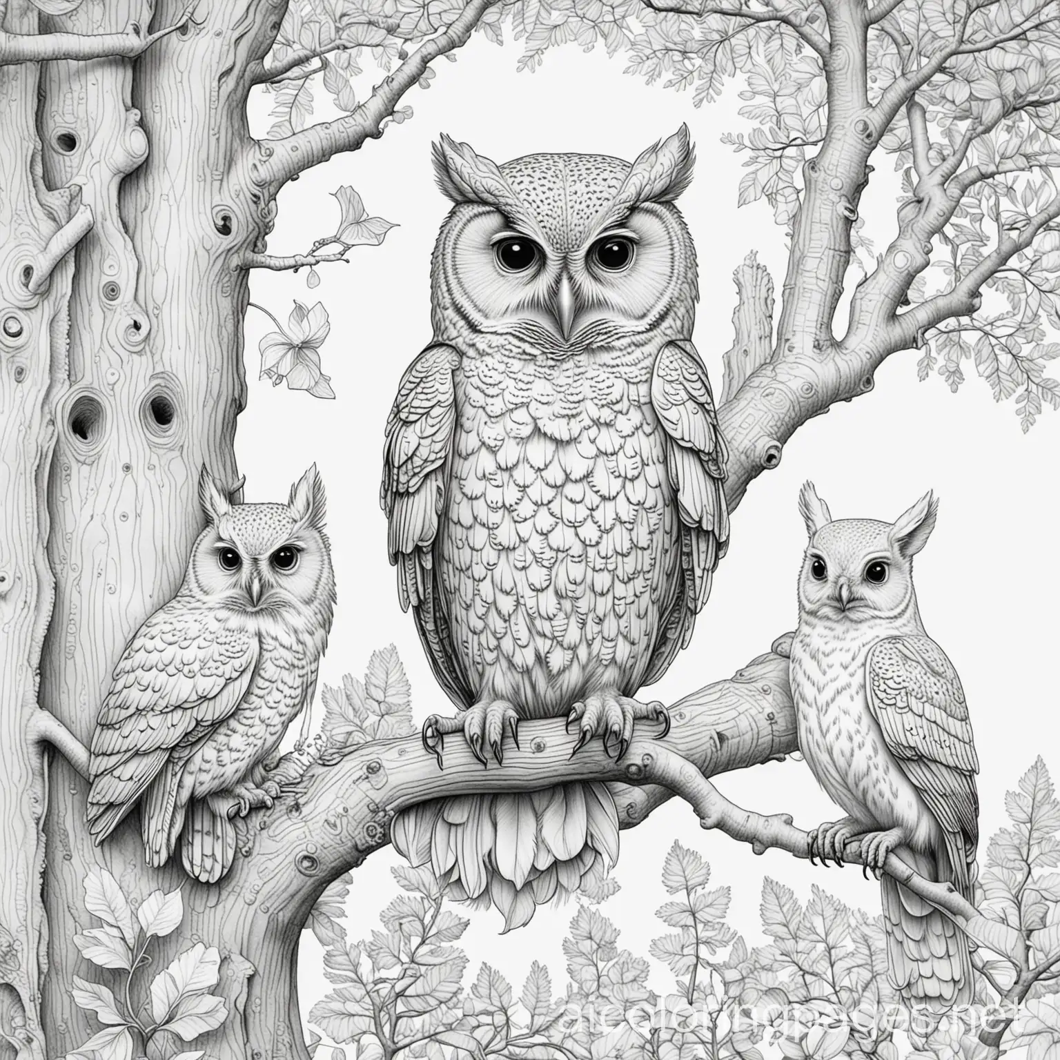 Three-Animals-Guarding-the-Tree-Library-Coloring-Page