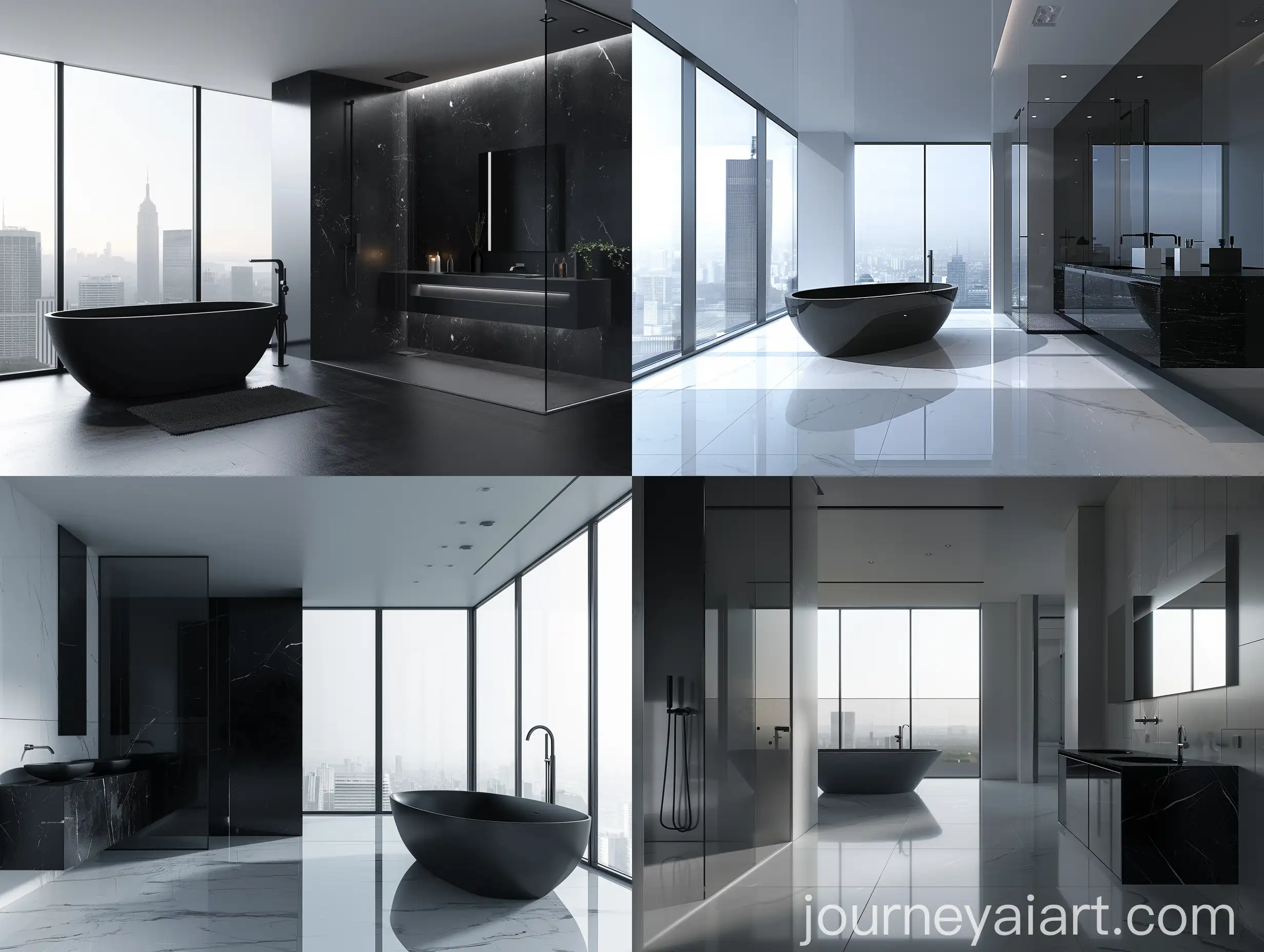 Modern-Minimalist-Bathroom-with-Black-Soaking-Tub-and-Rain-Shower