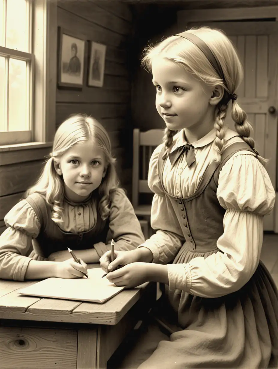 pencil art of young blond pioneer girl meeting new friends in a one room school house in 1800's