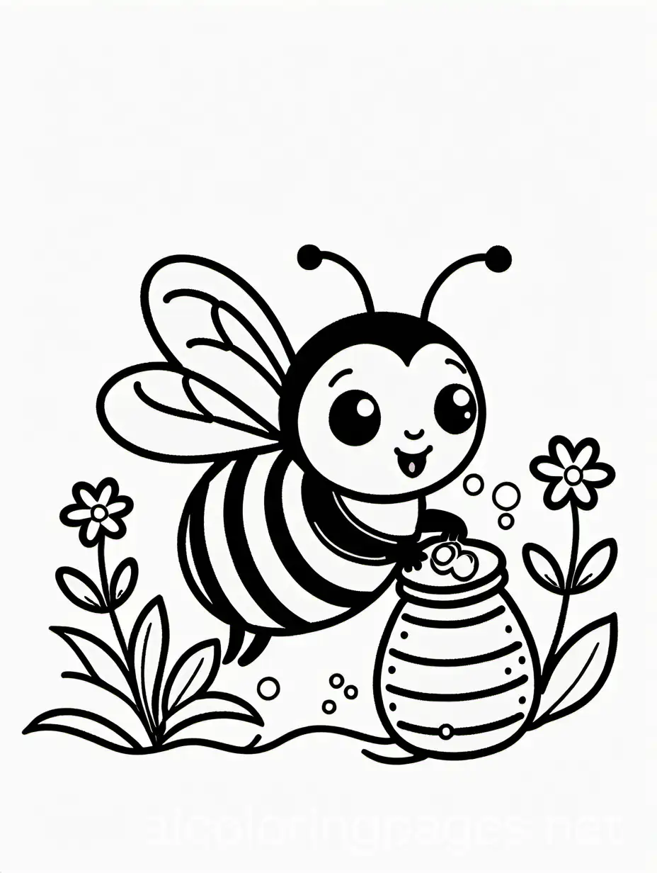 cute bumble bee eating honey, Coloring Page, black and white, line art, white background, Simplicity, Ample White Space.
