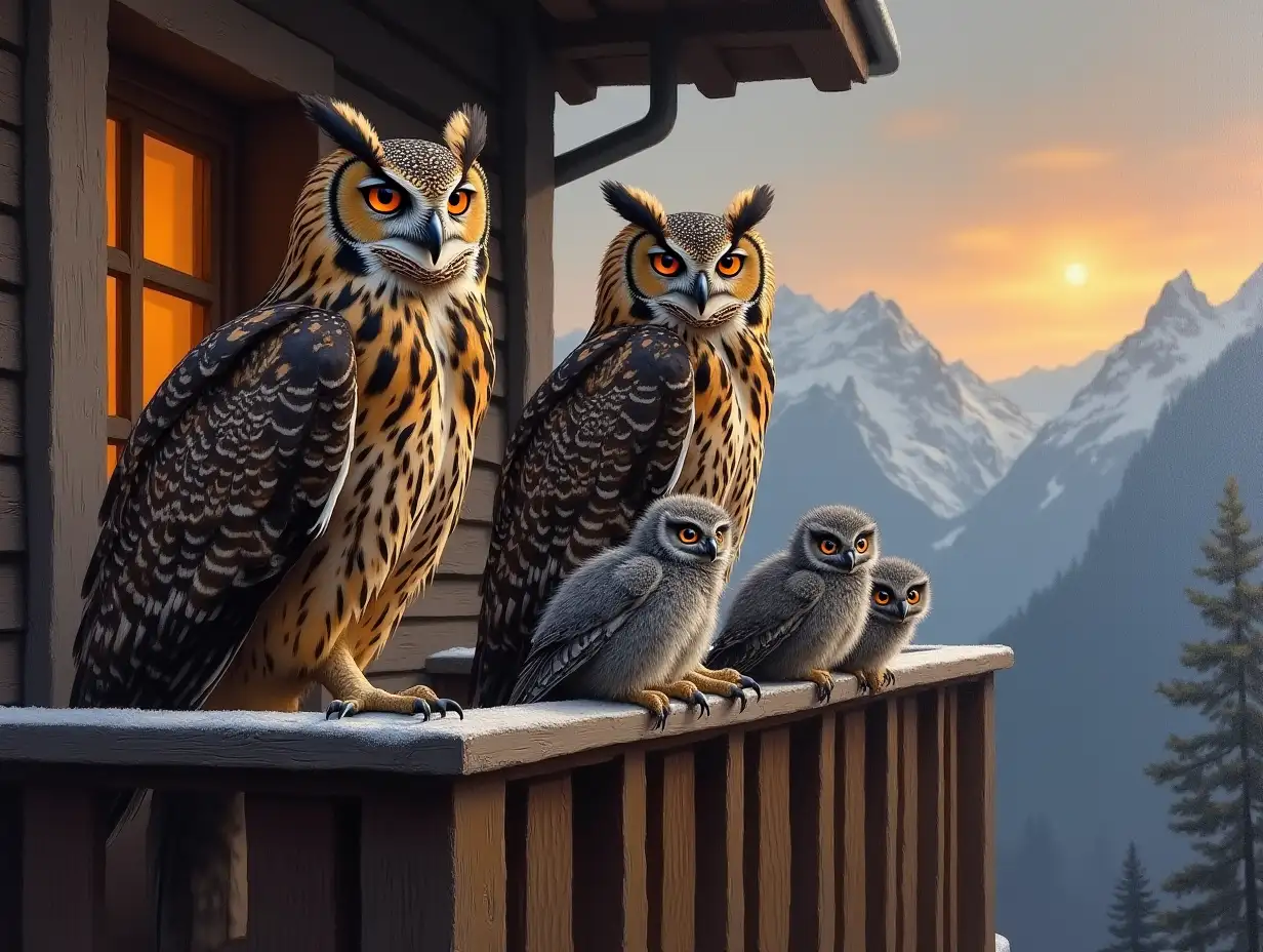 An oil painting with two mature Eurasian Eagle-OwlS, ONE is a male Eurasian Eagle-Owl, sitting with a mature female Eurasian Eagle-Owl, and three very young grey feathered Eurasian Eagle owlets on a Balcony rail of a Swiss Chalet with the Alps to the right, at sun set, The background is a dark gray, creating an atmosphere of mystery and elegance, --s 500 --v 6.0 --style raw --ar 51:91