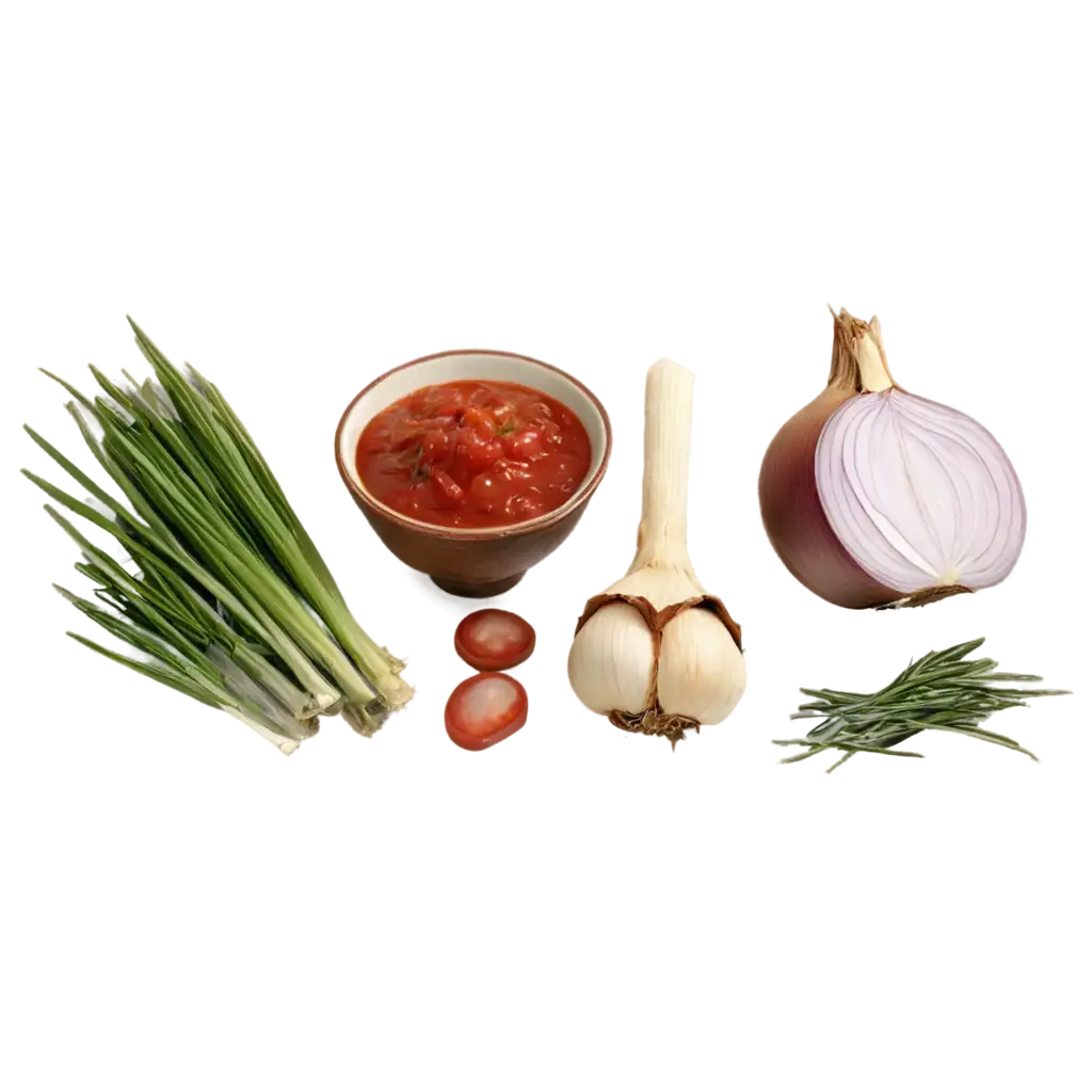 Premium-PNG-Image-of-a-Group-of-Spices-Garlic-Onion-Salsa-Chives-and-Pimento