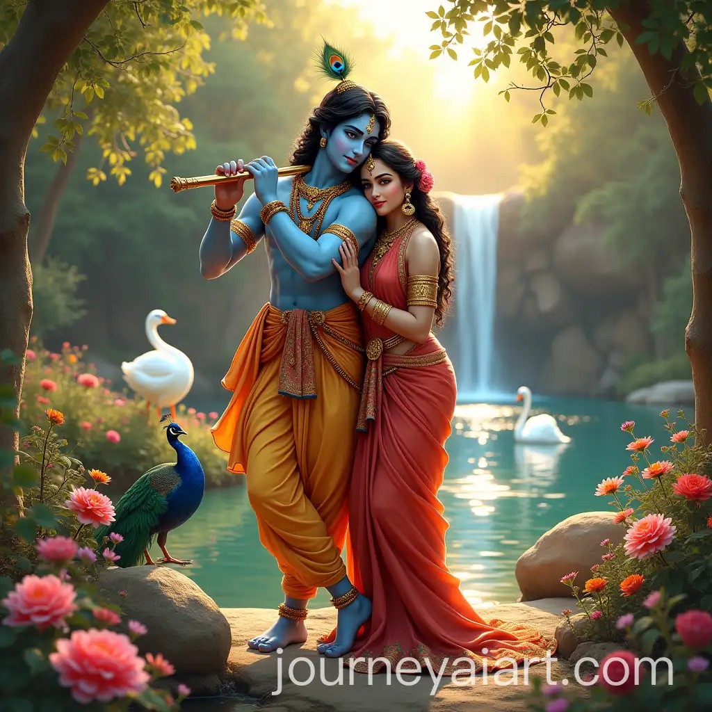 Krishna-and-Radha-in-Serene-Garden-with-Swan-and-Peacock