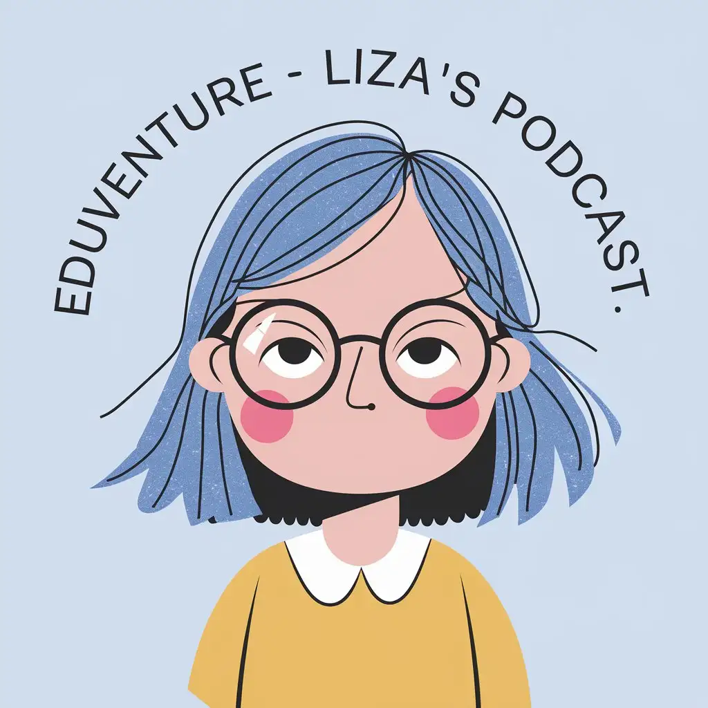 logo. "EduVenture- Liza's Podcast." font "pagkaki". a girl with glasses. shoulder-length hair. wearing a yellow shirt. beight colors. simplistic. scandinavian style. illustration style. 