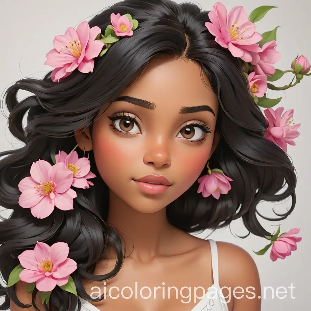 Elegant-BrownSkinned-Woman-with-Hazel-Eyes-and-Pink-Flowers-Hair-Coloring-Page