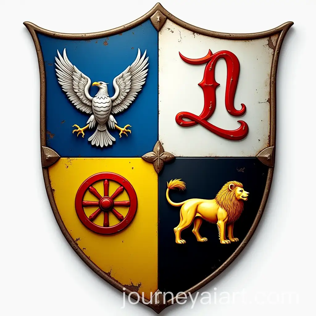 Medieval-Shield-with-Curved-Edges-Featuring-Eagle-Scorpio-Wagon-Wheel-and-Golden-Lion