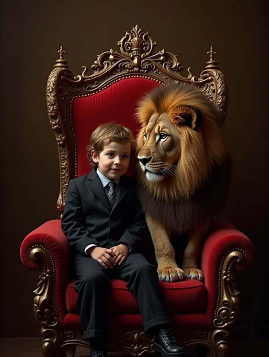 A child in a dark navy suit sits in a red velvet throne chair, looking towards a large, detailed lion with a golden-brown mane, close to the child, evoking a regal and majestic scene with a rich color palette and deep shadows.  The background is a muted sepia tone, with ornate throne details that mirror the style and textures of the subject.