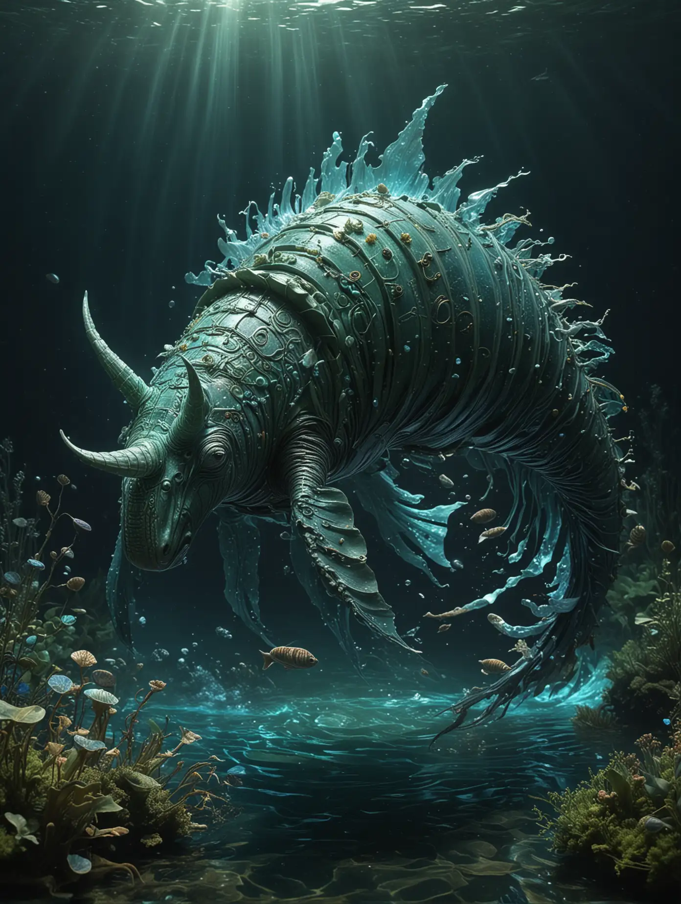 giant aquatic armadillo whale hybrid, ZBrush sculpted textures, ancient mystical creature, warped space-time continuum, intricate shell plating, gravitational waves rippling water surface, intense bioluminescent glow, ethereal blue-green palette, loose brush strokes, aquatic fantasy setting, calm majestic atmosphere, high-contrast dramatic lighting, divine wispy tendrils, Hiro Yamagata, H.R. Giger inspired design elements, aquatic flora and fauna nearby, flowing ribbon-like oceanic currents