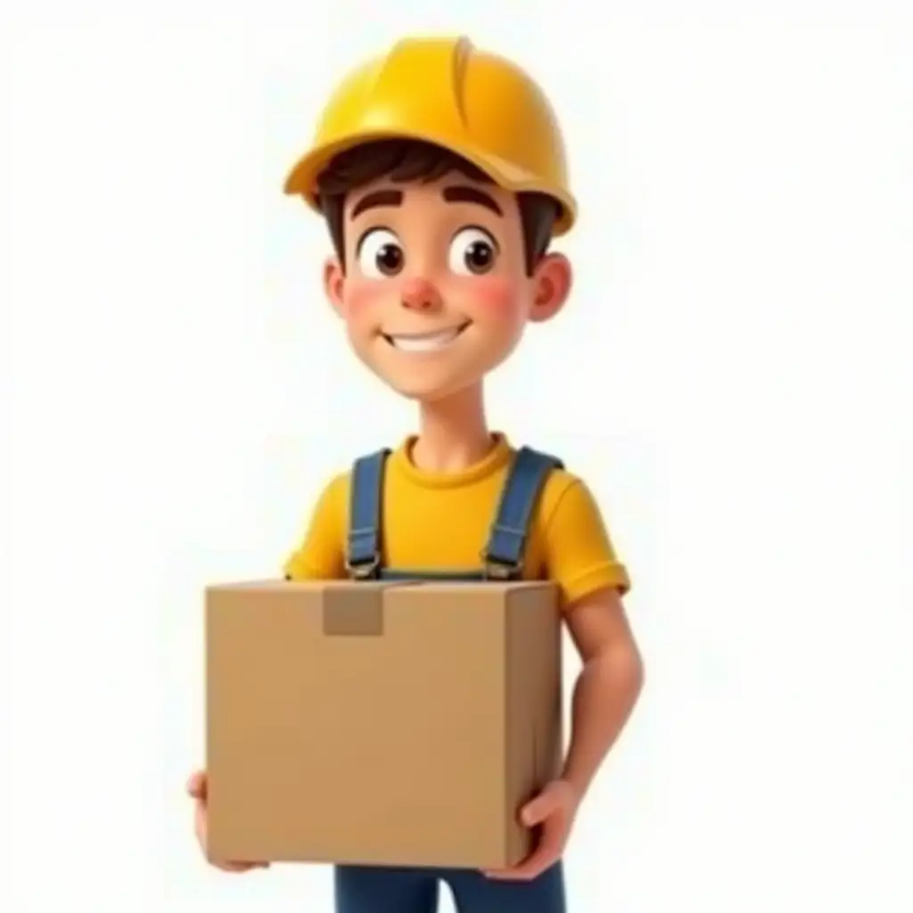 cartoon guy porter, age 27, in a yellow helmet and work overalls, positive and confident, stands with a box in his hands and looks at us