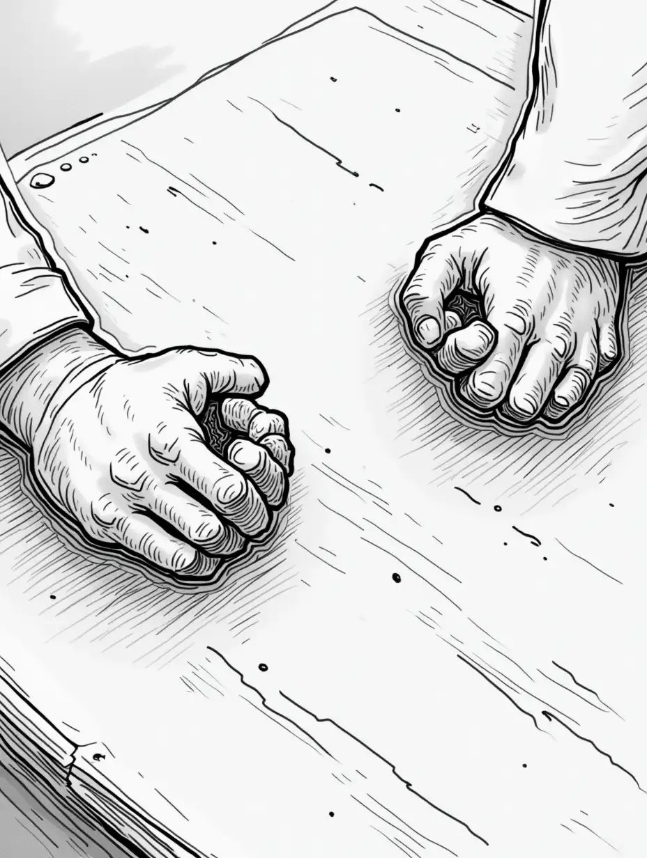 Black-and-White-Illustration-of-Hands-Slammed-Flat-on-Table