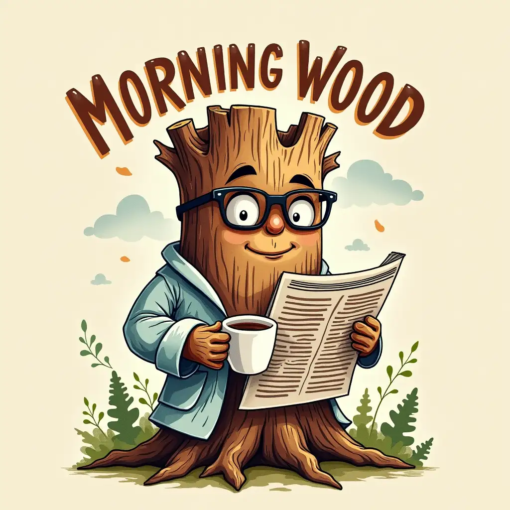 Vector, Watercolor Art. Create a vintage-style graphic featuring a tree stump with a face, wearing glasses and a bathrobe. The tree stump should be holding a cup of coffee and reading a newspaper. The text 'MORNING WOOD' should be prominently displayed in bold, contrasting fonts. The overall style should be playful and humorous, with a touch of nostalgia. Consider adding subtle textures, like wood grain and newspaper print, to enhance the vintage aesthetic.