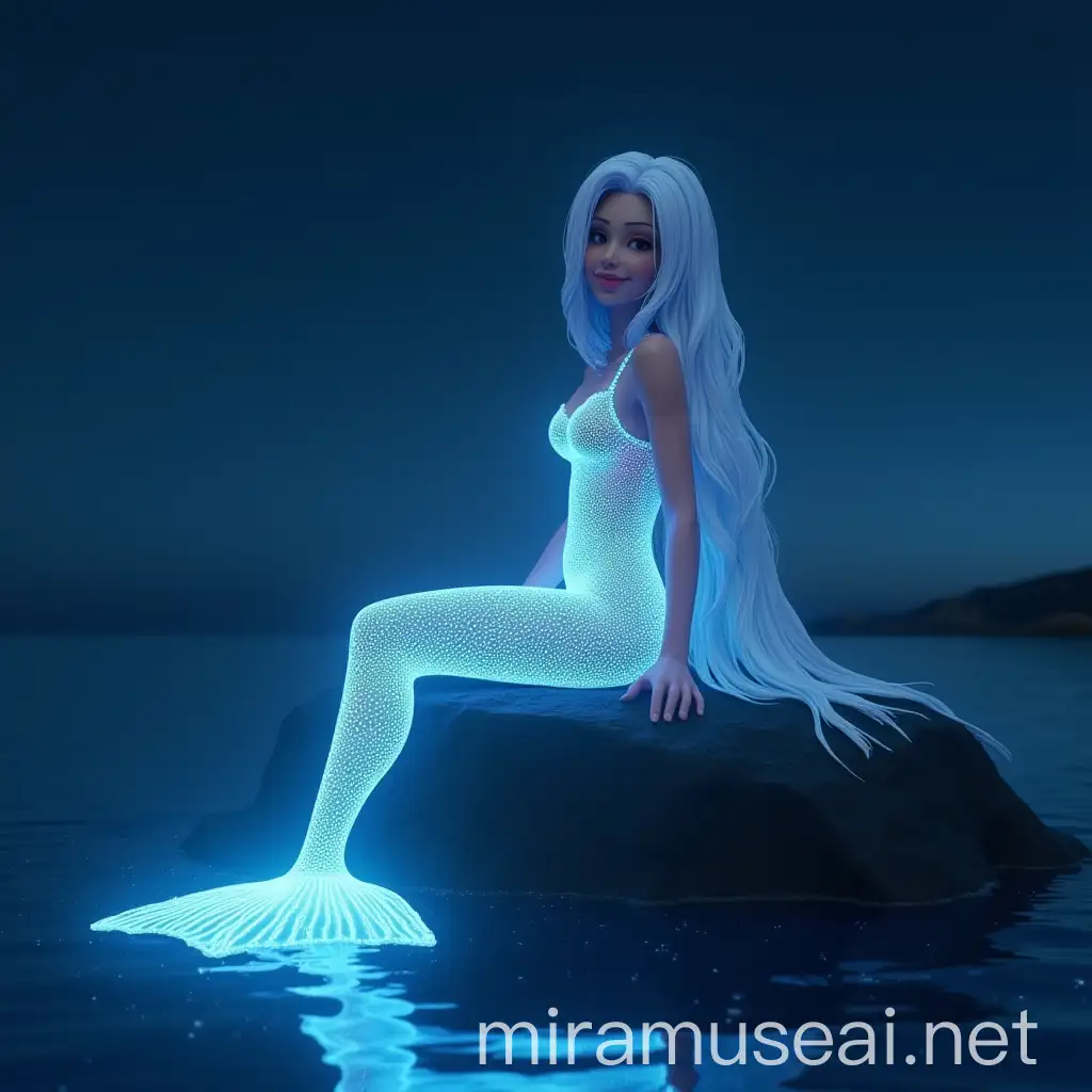 Cyber Mermaid Sitting on Stone by Sea at Night in High Light Dress