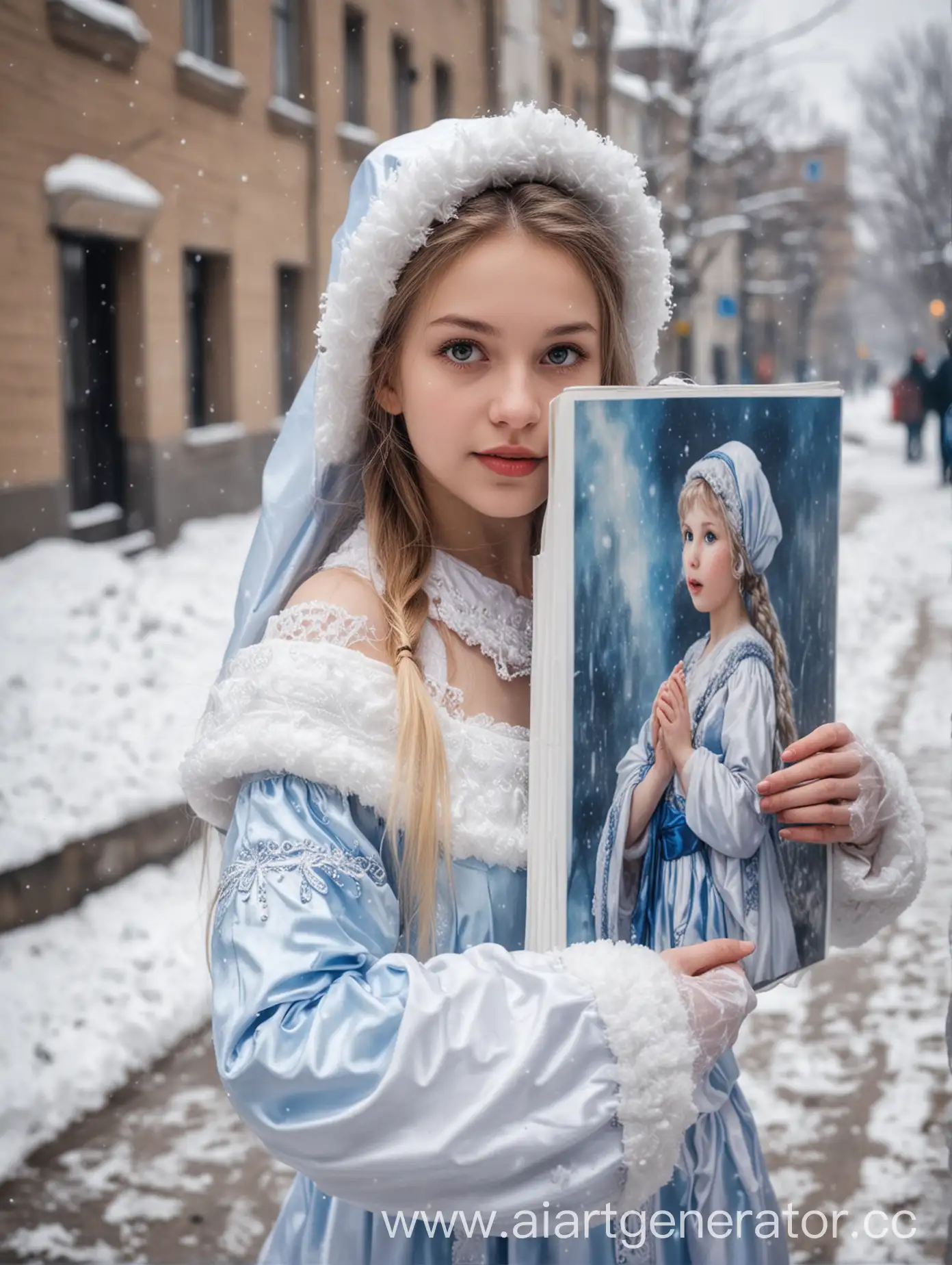 Girl-in-Snow-Maiden-Costume-Holding-Portrait-in-Winter-City-Street