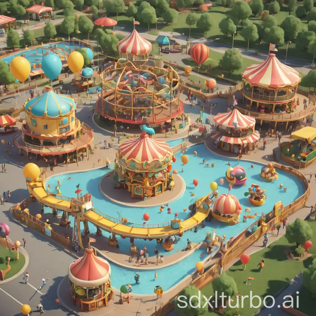 Generate a 3D effect pet park image, requiring a roller coaster, carousel, splash pool, hamburger shop, and balloons. Style is closer to cartoon