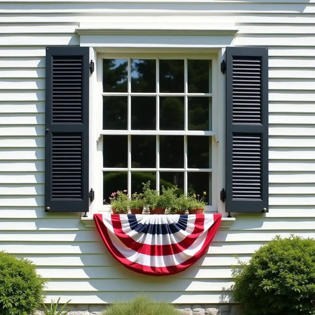 Classic American Colonial House with Black Shutters and Flag Bunting