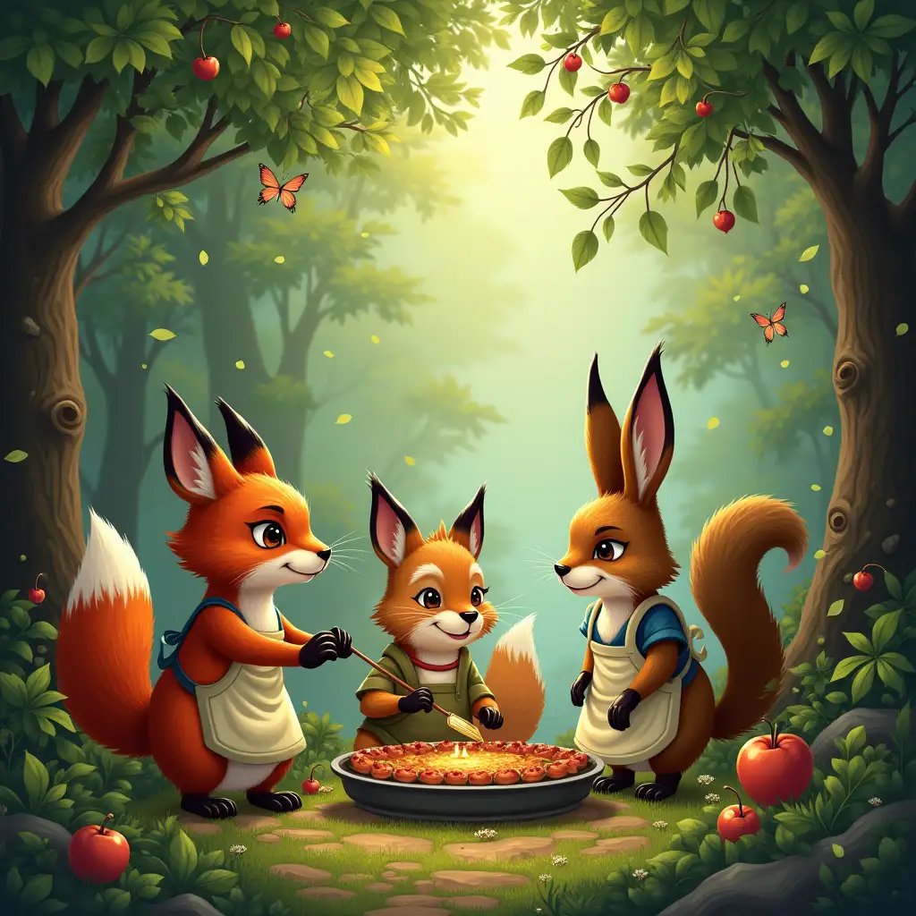 In the mystical Whispering Grove, a harmonious symphony of creatures from a world of whimsy, foxes with twinkling eyes, rabbits donning aprons, and agile squirrels, gathered around a forest's secret kitchen...