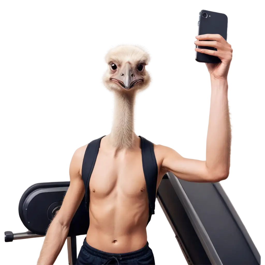 Realistic-PNG-Image-Ostrich-Taking-a-Selfie-at-the-Gym