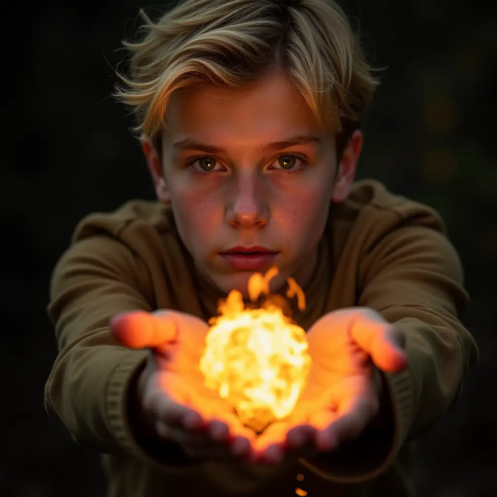 extremely sharp and detailed photograph of a 16 year old male with blond hair, green eyes, brown eyebrows staring at a fireball levitating above his hands